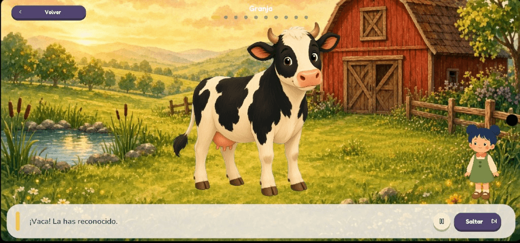La vaca de la granja, después de que el niño la nombra.